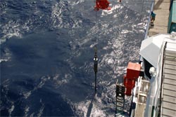 Coleta de sedimentos do fundo oceânico para a investigação das consequências de processos climáticos ocorridos há milhares de anos.