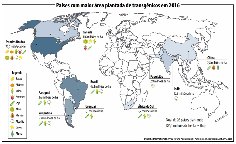 Paises com maior area plantada de transgenicos em 2016 temproario